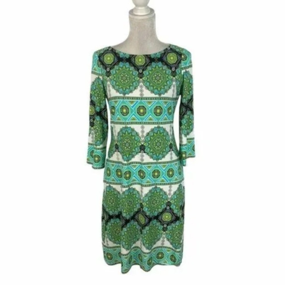 London Times Green Blue Geometric Mandala Print 3/4 Sleeve Sheath Dress Size 8